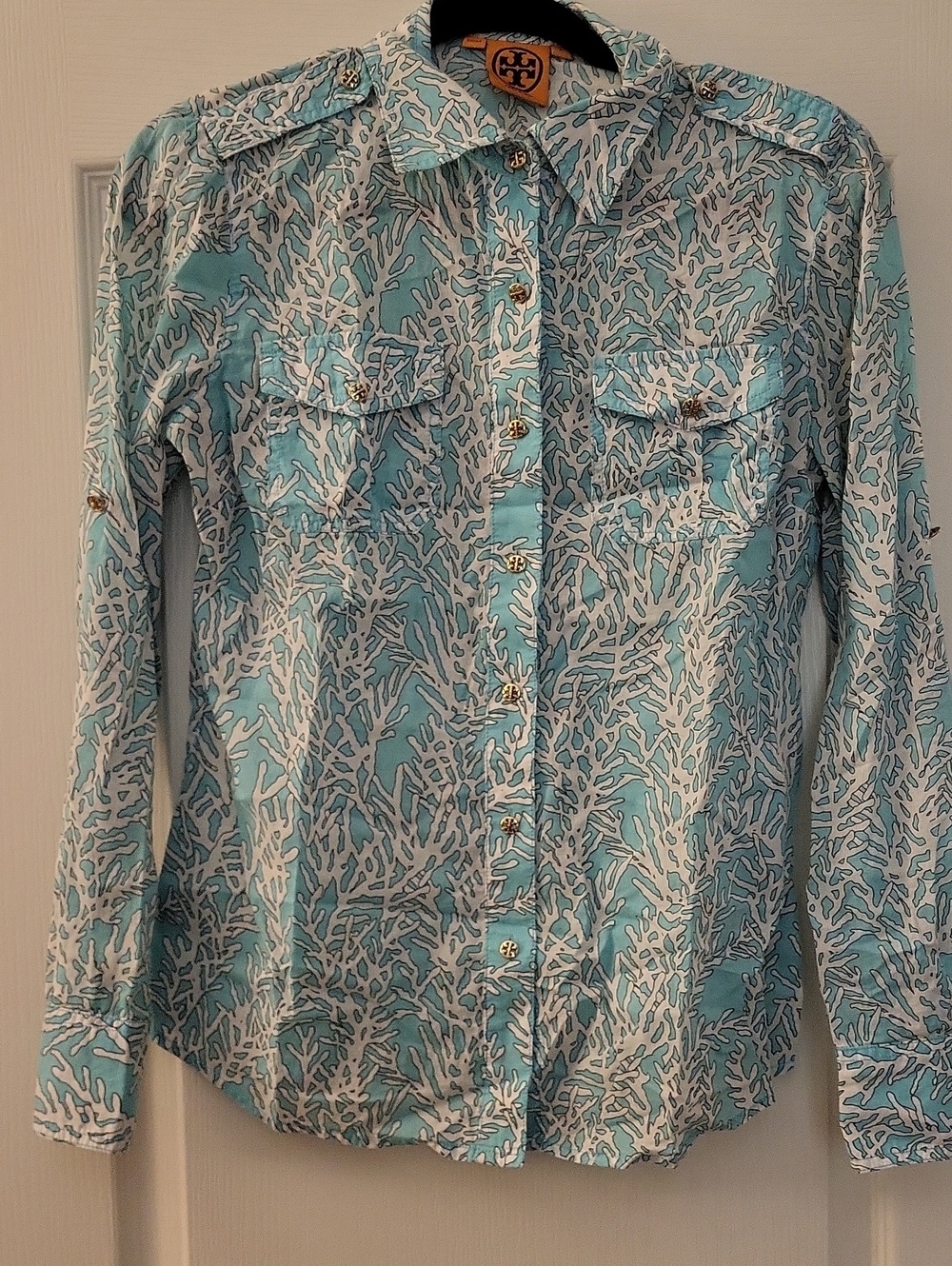 Tory Burch Aqua & White Coral-Print Button Down Shirt